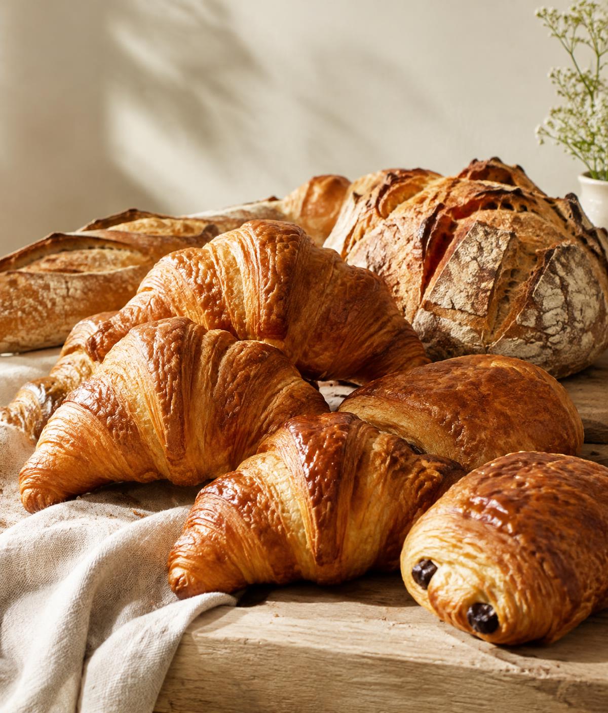 Fresh croissants, pain au chocolat and sourdough on a wooden table