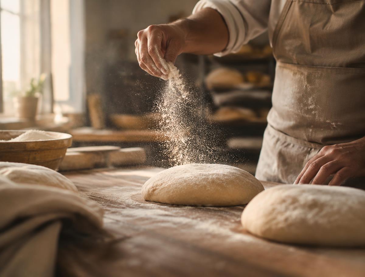 Baker dusting flour over shaped dough
