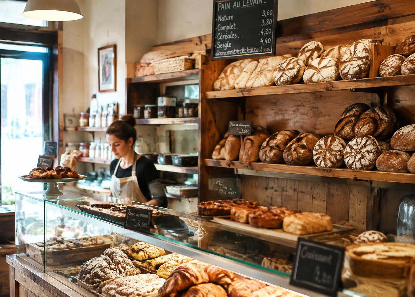 Inside the bakery, shelves of fresh bread